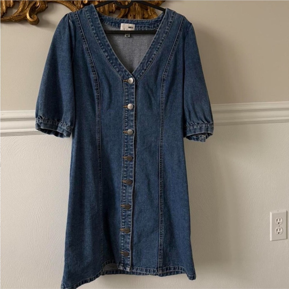Amuse Society Indigo Denim Button-Front Puff Sleeve Mini Dress